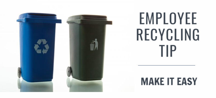 blue recycling bin and black trash can